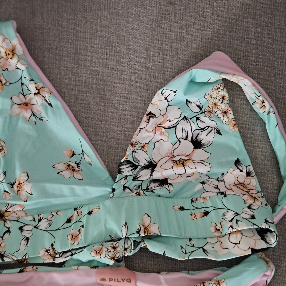 NWOT PilyQ Swim Reversible Teal & Pink Floral Bikini Set Youth size 16 - Picture 6 of 6